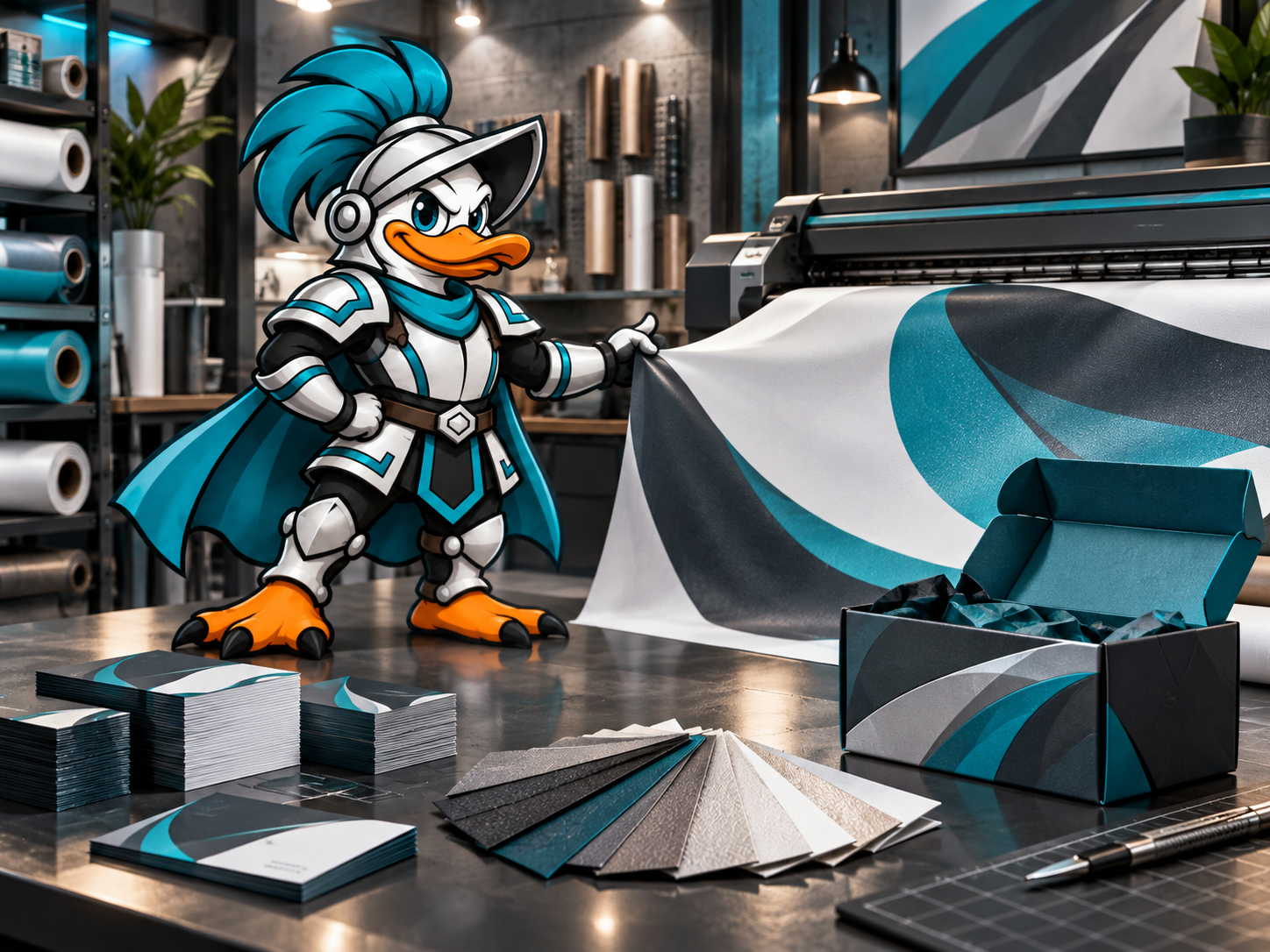 Duck mascot in a print production studio